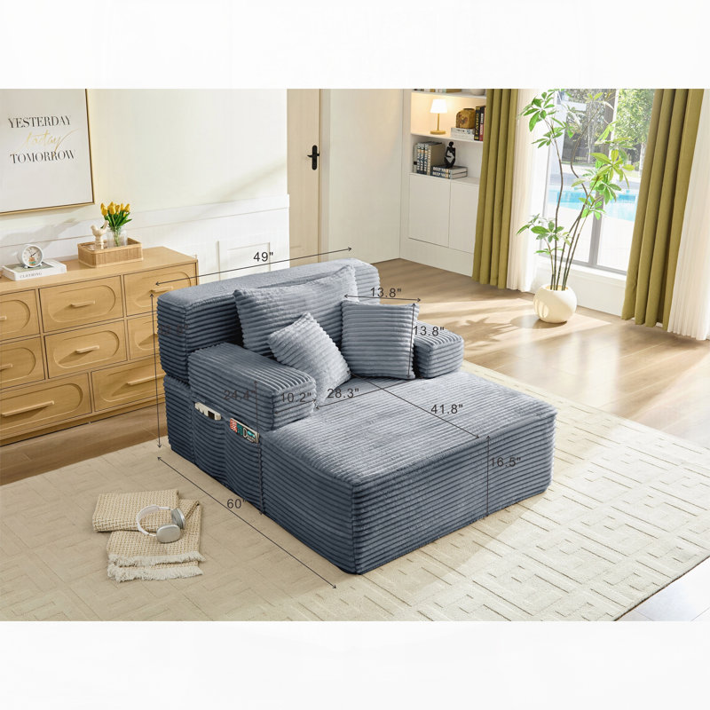 Canapé-lit convertible surdimensionné avec dossier réglable et poche de rangement, canapé-lit modulaire en peluche rayé pour une utilisation multi-scènes