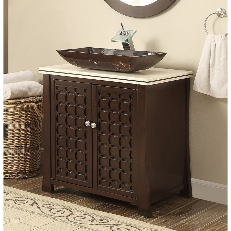 Meuble-lavabo sur pied moderne Giovanni de la collection Benton, 76 cm (30 pouces), brun foncé, lavabo simple, dessus en marbre crème, entièrement assemblé
