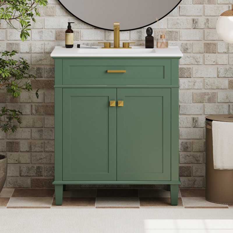 Meuble-lavabo vert de 30 pouces: bois massif + panneau de fibres à densité moyenne, lavabo en céramique, porte à fermeture en douceur et tablettes réglables