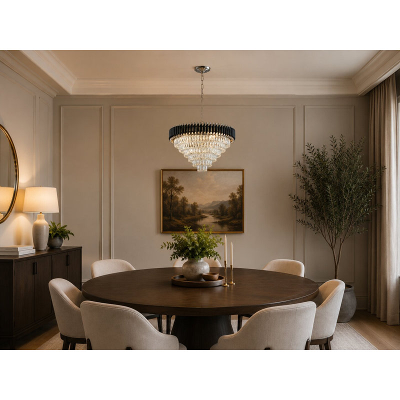 Lustre 16 lumières chromé et noir avec cristaux transparents