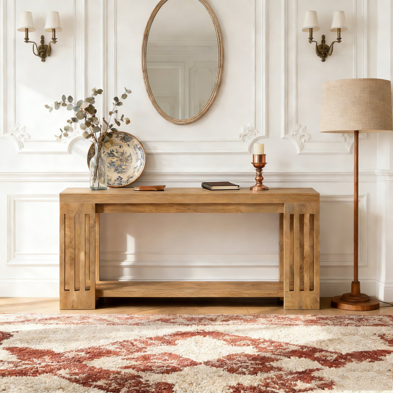 Farmhouse 2-Tier Sofa Table with Vertical Stripe Legs