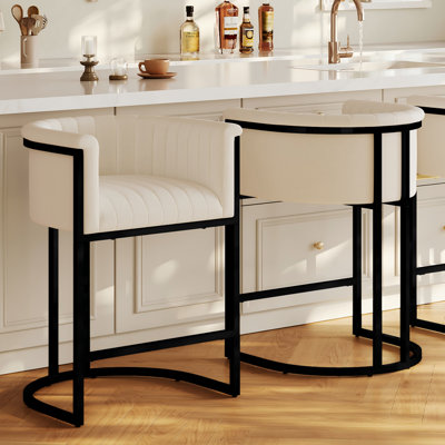 26" Counter Height Bar Stools Barrel Counter Stools With Backrest,Off White Fabric Linen Black Metal