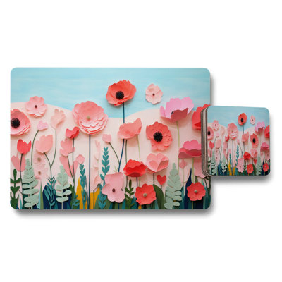 Floral Garden Placemat And Coaster Set With Paper Cut Flowers