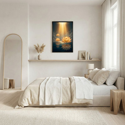 «Glowing Golden Lotus Flowers Reflecting in Water», art mural sur toile