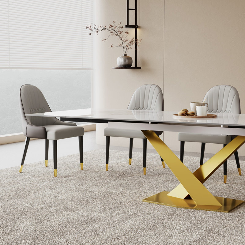 Terrile Dining Table Set with 94.5'' Extendable Sintered Stone Top and 8 Faux Leather Chairs, Chanel, Gold