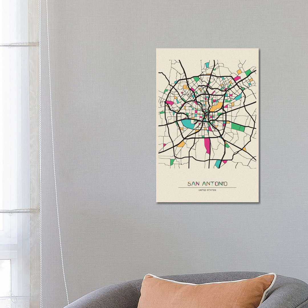 San Antonio, Texas Map by Ayse Deniz Akerman - Wrapped Canvas Print