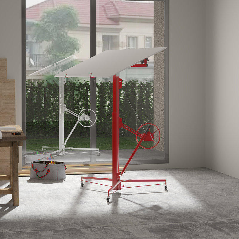 Palan à panneau de levage à cloison sèche de 11 pi avec rotation à 360 °, cric robuste de 150 lb, bras télescopique réglable et roulettes verrouillables