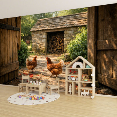 Peel and Stick Wallpaper 96" L x 69" W Modern Self Adhesive Wall Mural for Bedroom - With Rustic Farmyard Scene Chickens Wooden Barn Countryside Path Print