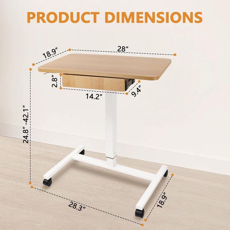 Bureau mobile pour ordinateur portable CLATINA, pupitre réglable à hauteur réglable avec roulettes verrouillables, table de travail réglable avec tiroir, table de travail sur chariot pour salle de classe de bureau à domicile, beige