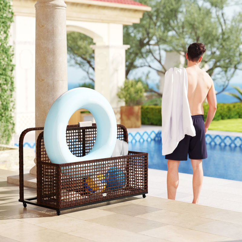 Pool Float Storage, Pool Caddy, With Wheels, 43.25" L X 22.5" W X 28" H, Brown, Brown