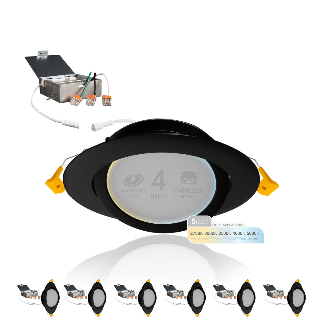 Adjustable Downlight 4'' Selectable Color Temperature Dimmable IC Rated LED Canless Recessed Lighting Kit (Set of 6) NUWATT 