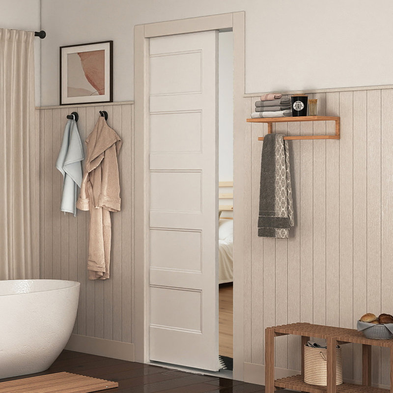 30"x80" Flat 5-Panel Smooth White Primed Moulded Hollow Core Sliding Pocket Door with Soft Closet Pocket Door Frame Kits
