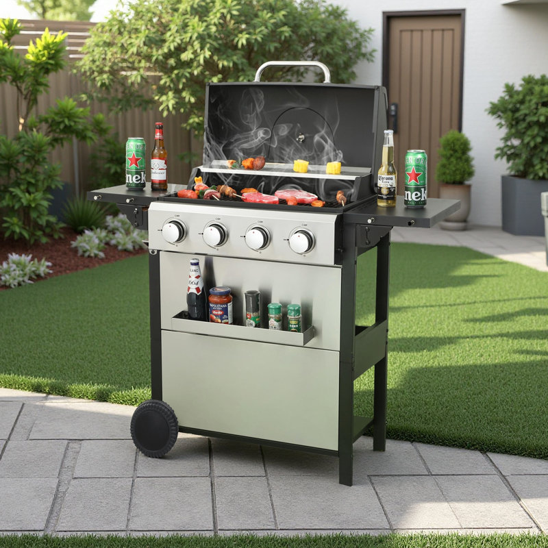 Barbecue au propane à 4 brûleurs, 34 200 BTU, grilles de cuisson en émail et table d'appoint pliable avec grille de réchaud en acier inoxydable
