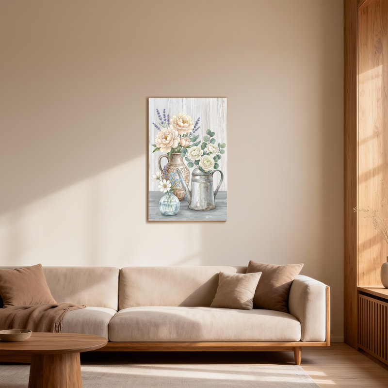 Arrangement floral de plantes et de fleurs avec vases et carafes, H 12 po x l 18 po