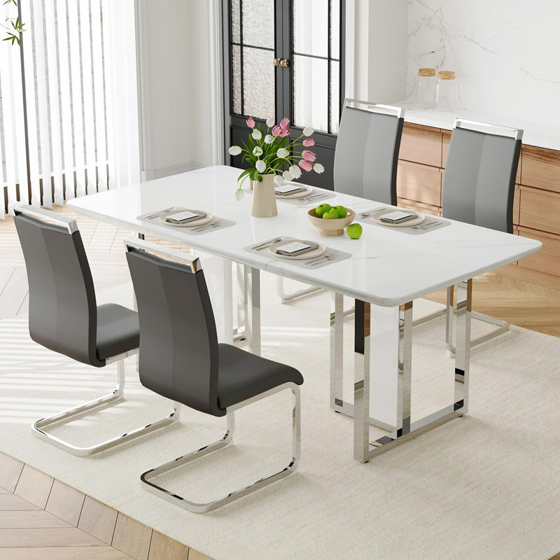 Ensemble de table de salle à manger blanc pour 4 personnes, ensemble de table de salle à manger de 63 po avec pieds chromés, ensemble de 4 tables de cuisine modernes et chaises pour la salle à manger, structure très brillante et robuste