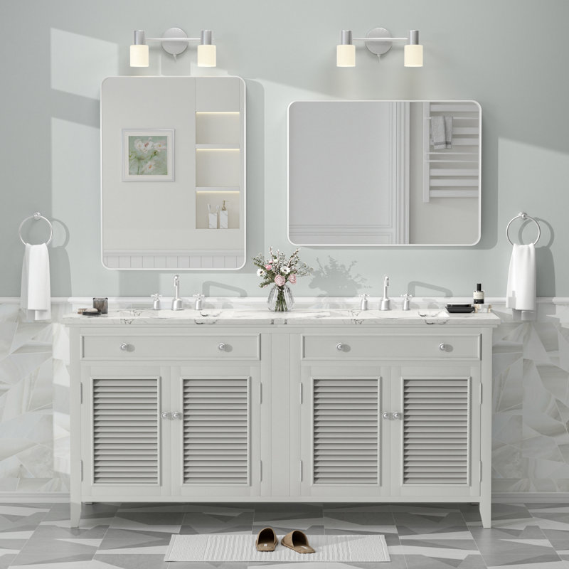 Miroir de salle de bain mural en verre trempé et métal Molly, 32 po x 24 po, Blanc, Rectangle(Rounded Corner)