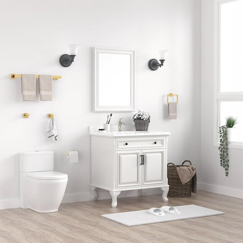 Ensemble de 10 accessoires de salle de bain dorés : barres porte-serviettes murales, anneau porte-serviettes, porte-papier hygiénique et crochets.