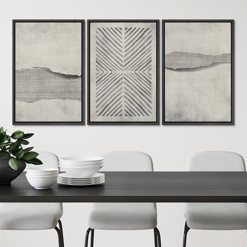 Geometric Abstract Simple Neutral Modern Pictures Home Decor - Framed Canvas Print Wall Art Work, Black Framed