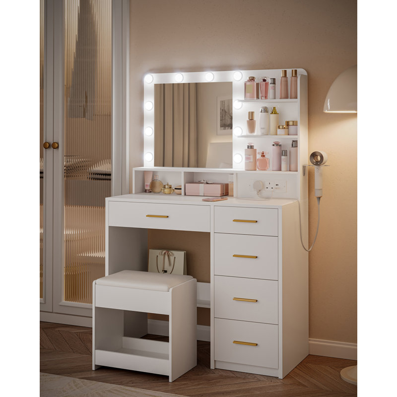 Dressing Table with 3-Colour LED Adjustable Brightness, Vanity Table with Plug and Large Mirror, Stool and Hairdryer Holder, Muti-Drawer Dressing Table, 6 Open Storage Areas,