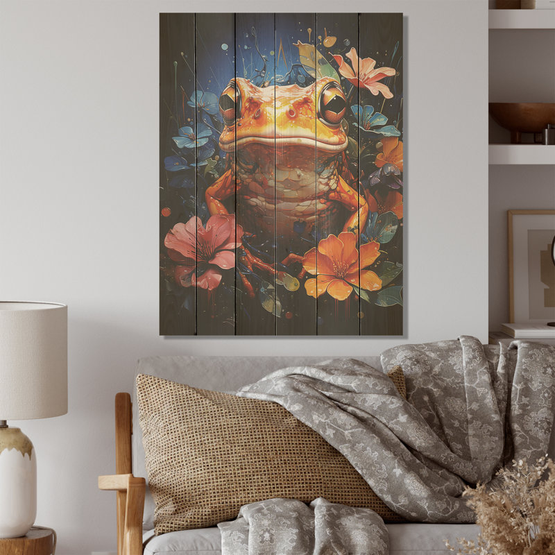 Expressionniste fleur grenouille - art mural en bois de lotus sur bois de pin naturel, H 20 po x l 10 po