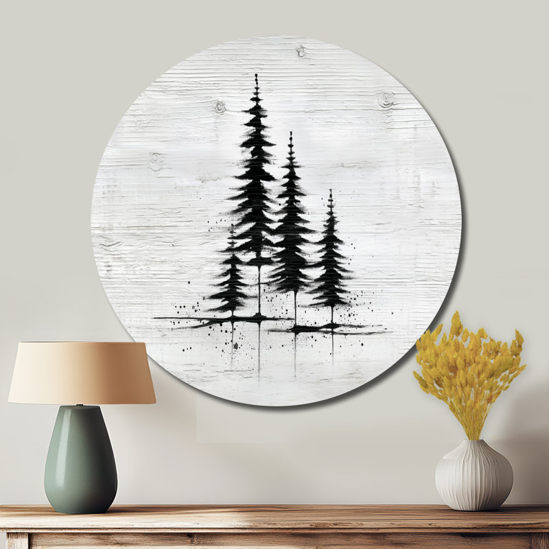 Noir, gris, hiver, pin blanc, forêt, art floral rond en métal, L 23 po x H 23 po