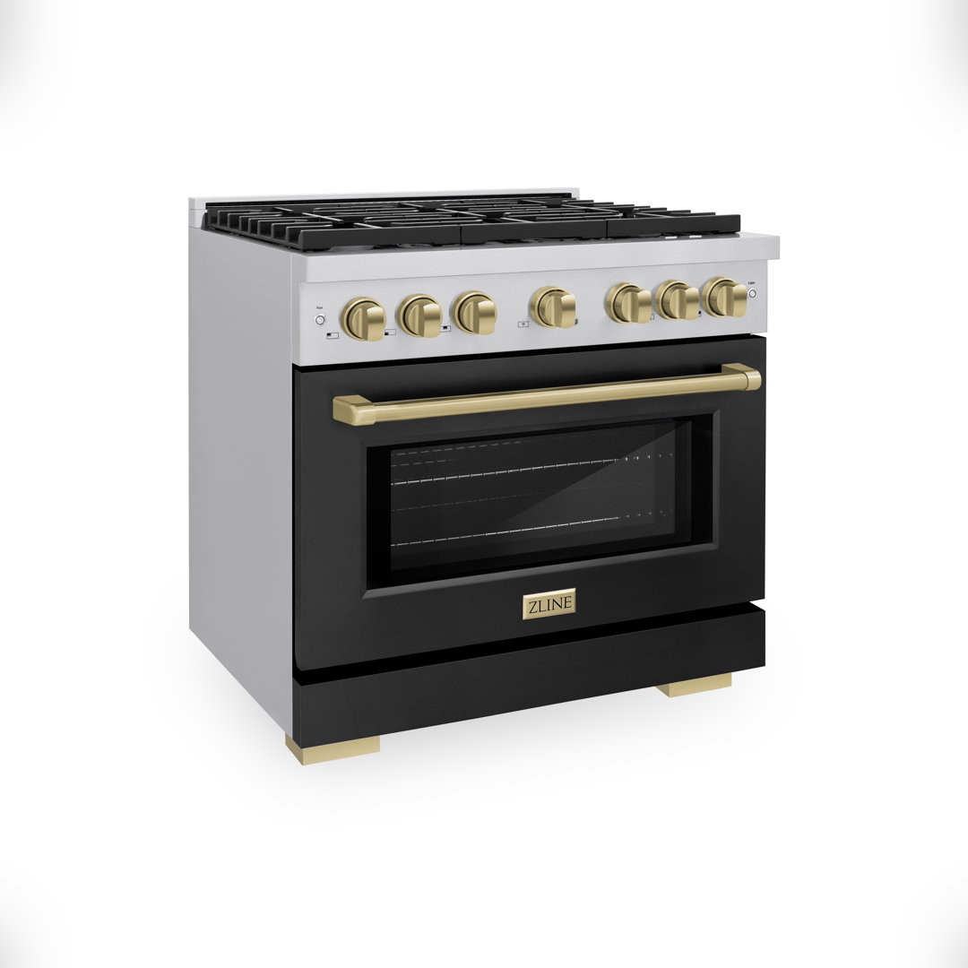 ZLINE Autograph Edition 36 in. 5.2 cu. ft. Paramount Gas Range W/ 6 Burner Cooktop & Convection Gas Oven in Stainless Steel W/ Black Matte Door & Champagne Bronze Accents (SGRZ-BLM-36-CB) ZLINE