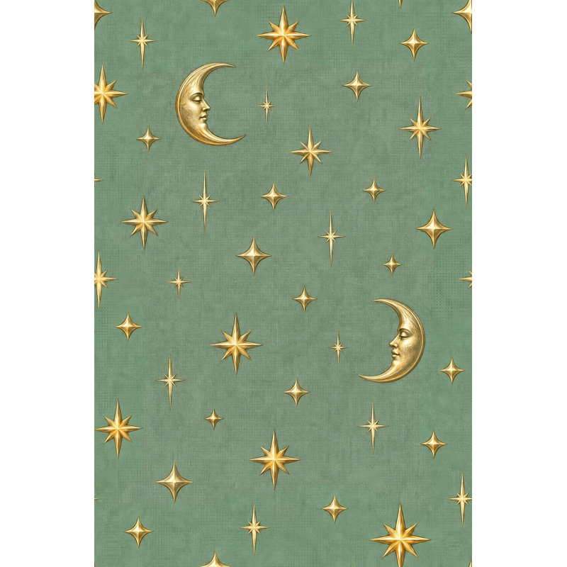 Motif céleste vert lune or et étoile, Peler et coller
