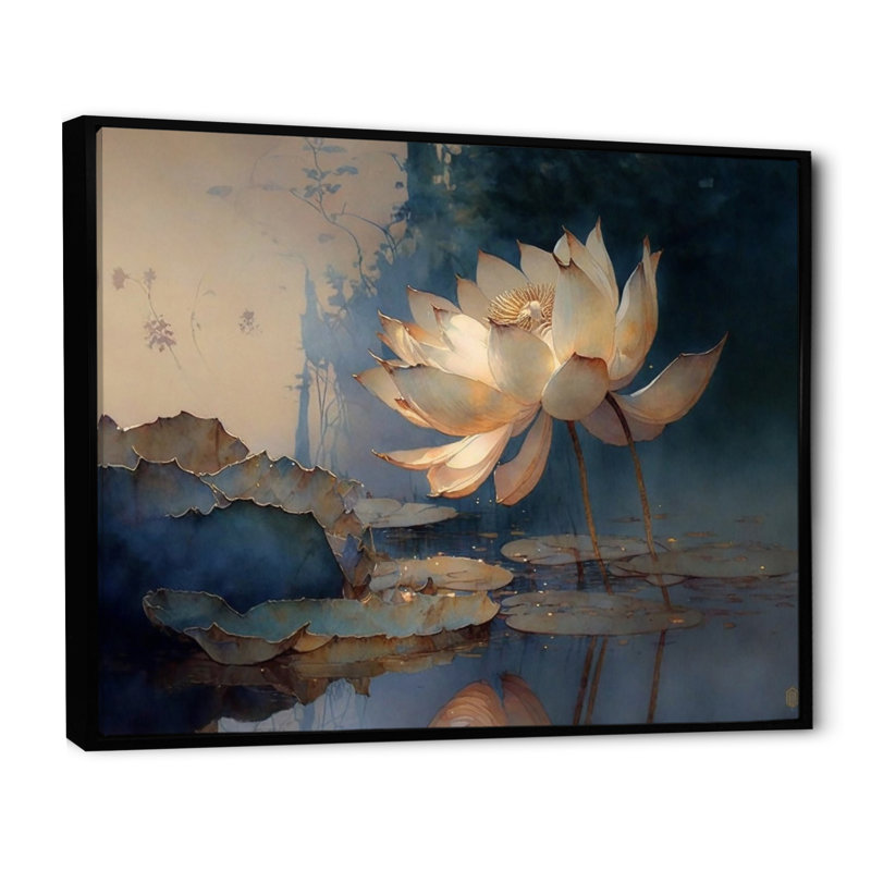 Blanc rétro lotus à l'aube - art mural encadré de lotus, H 12 po x l 20 po x P 1 po, Cadre flottant noir
