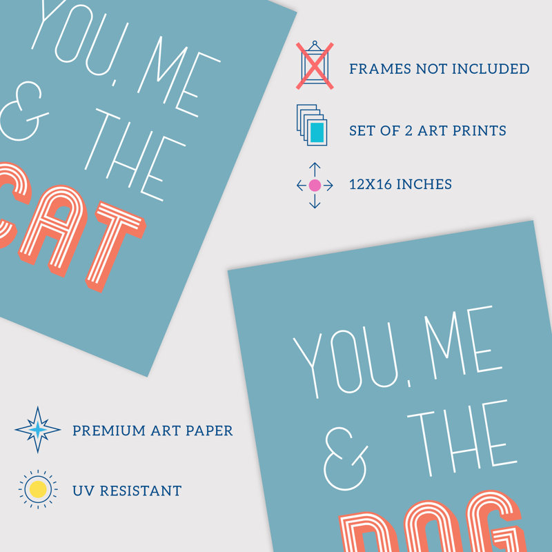 You Me And The Cat Dog Retro Teal Blue Coral Red - 2 Piece No Frame Print Set, 40.5cm H x 30.5cm W x 0.3cm D