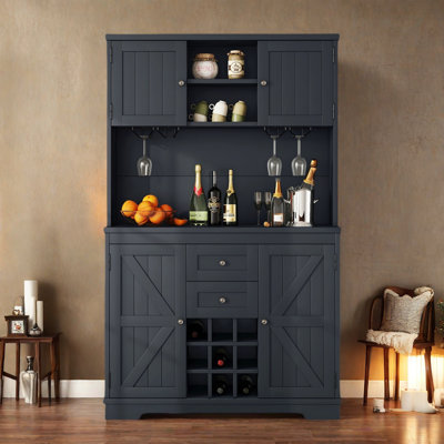Farmhouse Pantry With 2 Drawers, Wine & Glass Racks, Storage Cabinets And Open Shelves