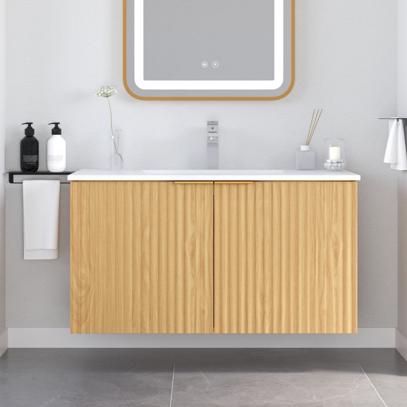 24" Modern Wall Mounted Floating Cabinet Bathroom Vanity with Sink and Wavy Textured Soft-Close Doors,Nature Color