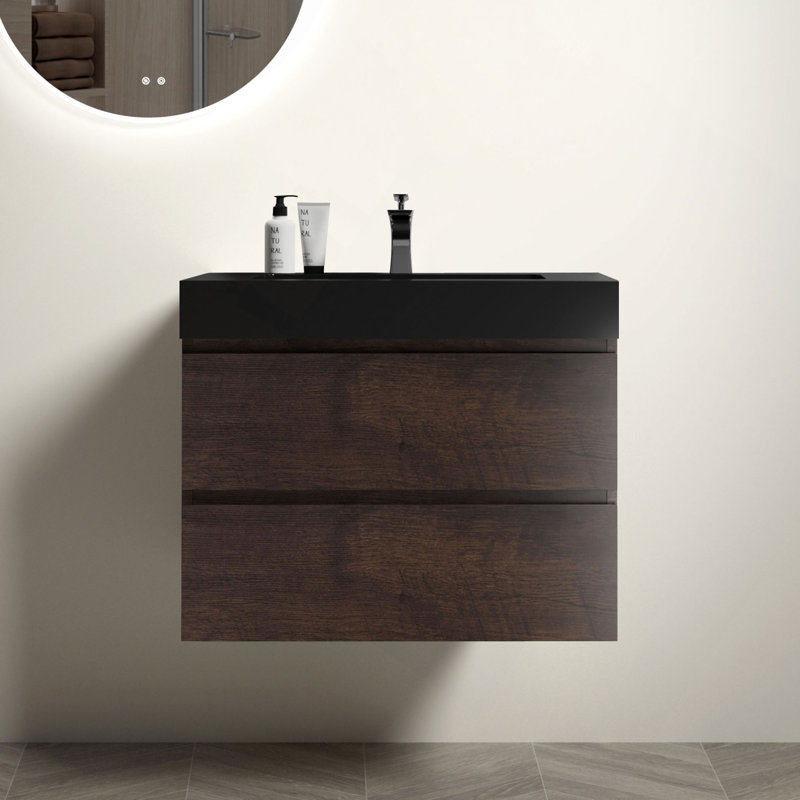 Meuble-lavabo mural de 30 po avec lavabo, grand meuble-lavabo flottant mural pour salle de bain moderne, lavabo une pièce noir sans drain ni robinet, pré-assemblé