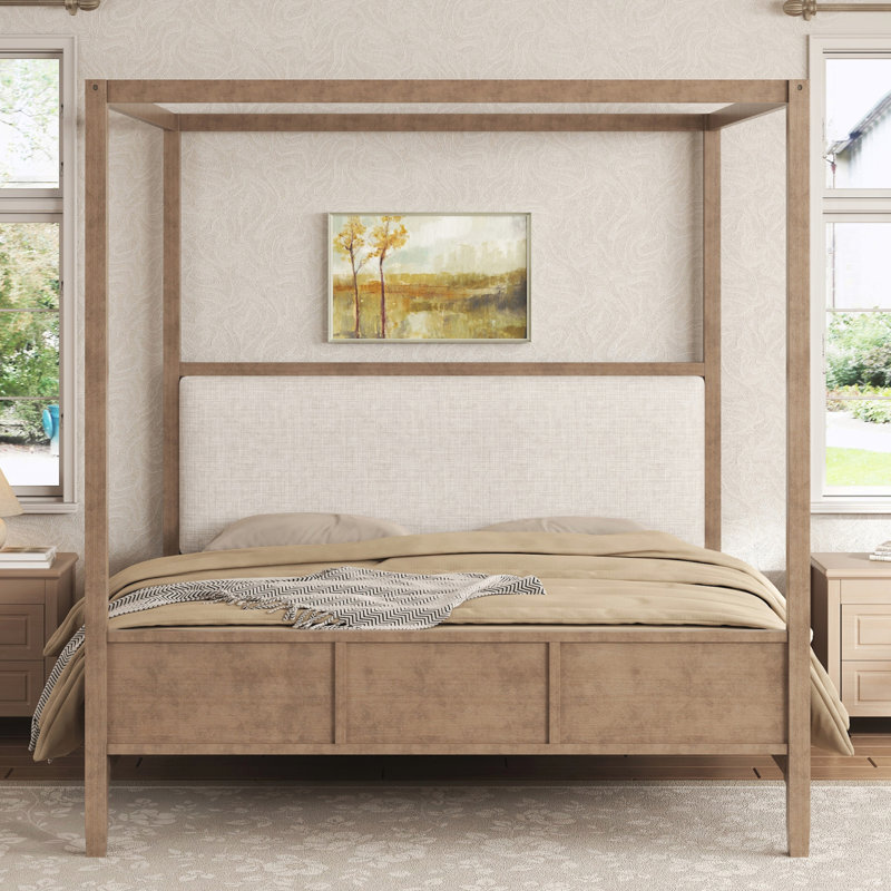 Grand lit plateforme à baldaquin en bois avec tête de lit tapissier, Grand lit, Noyer naturel
