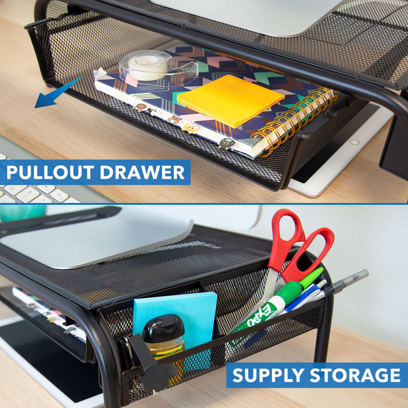 Black Metal Mesh Monitor Stand with Pullout Drawer