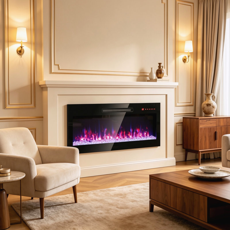 Cheminée électrique murale noire de 72,4 cm (28,5 po) avec 7 couleurs de flamme réglables, deux modes de chauffage, télécommande et protection contre la surchauffe pour la décoration intérieure du salon