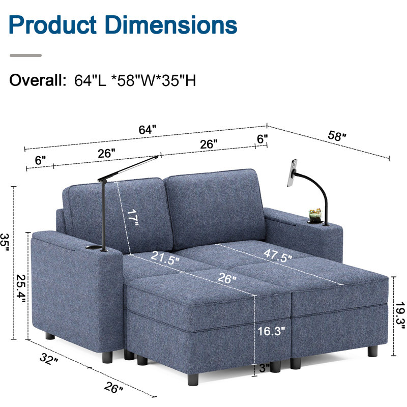 5 pièces - Canapé modulaire en forme de lit avec rangement et 2 repose-pieds pour le salon, Mélange de polyester bleu marine