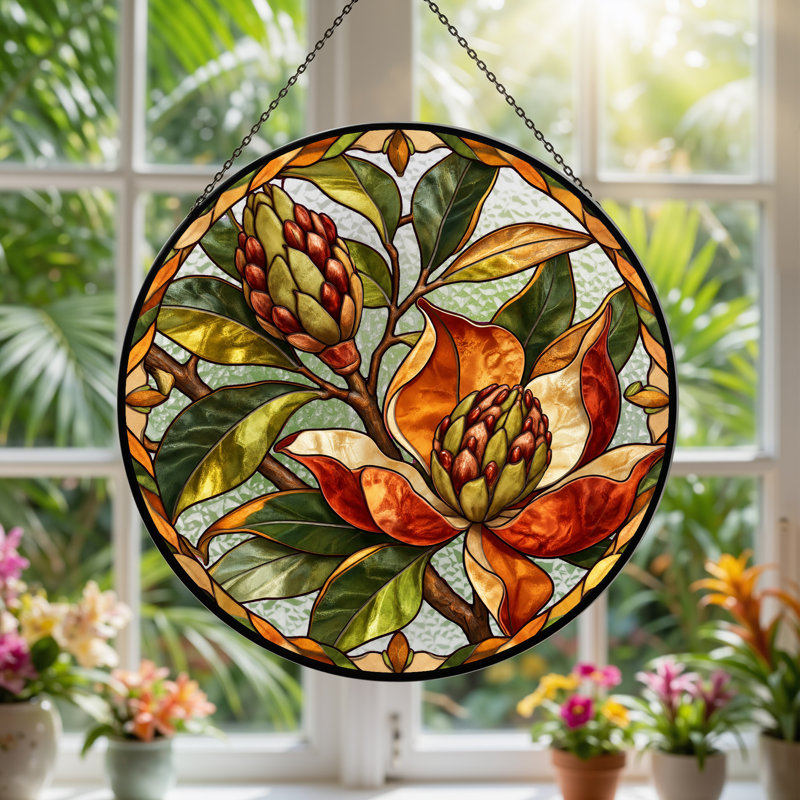 Art sur toile orange et vert avec fleurs de magnolia en verre coloré, H 12 po