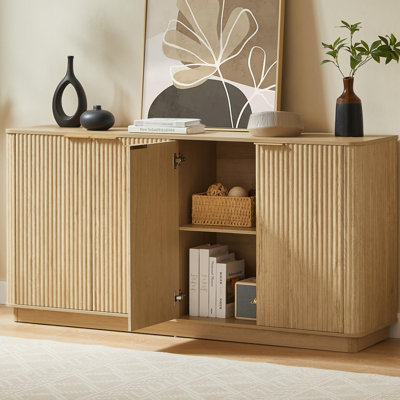 63" Fluted Sideboard Buffet Cabinet, Walnut Curved Storage Credenza For Living Room, Mid Century Textured Accent Console Cabinet With Hidden Storage For Dining Room & Entryway