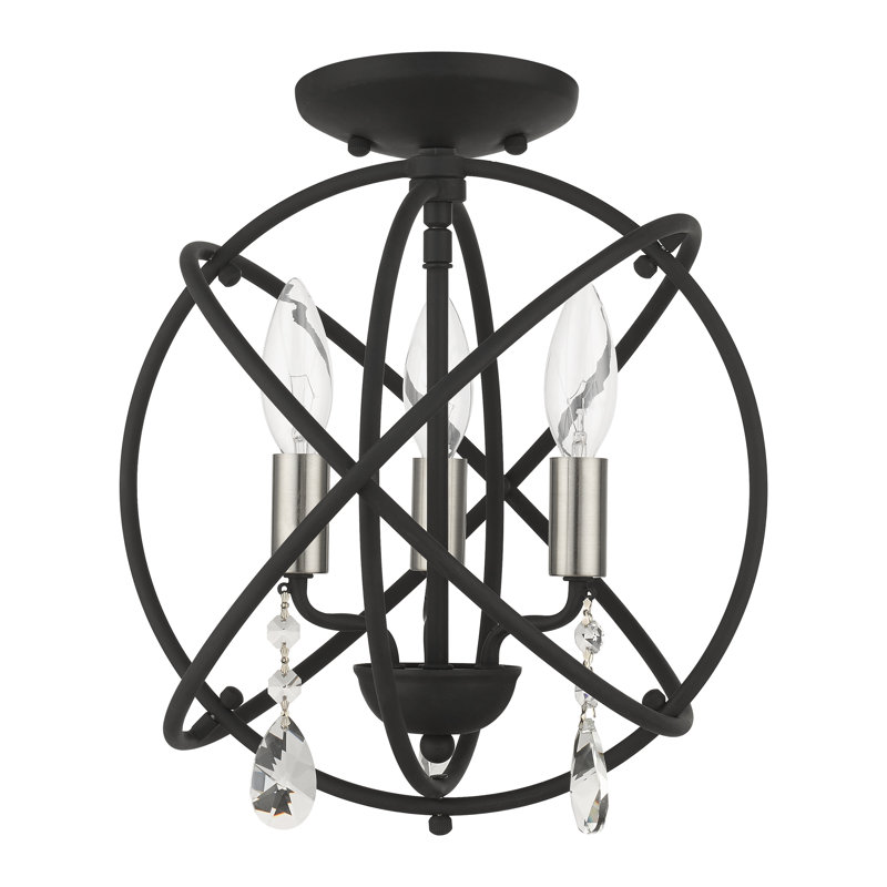 Luminaire suspendu sphérique unique à 3 lumières avec détails en cristal Laclair, Noir
