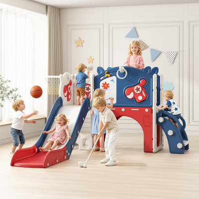 12 In 1 Toddler Slide Playset, Indoor & Outdoor Playground With Drawing Board, Golf Set, Ring Toss, Basketball Hoop For Toddlers 1-3 Years Old