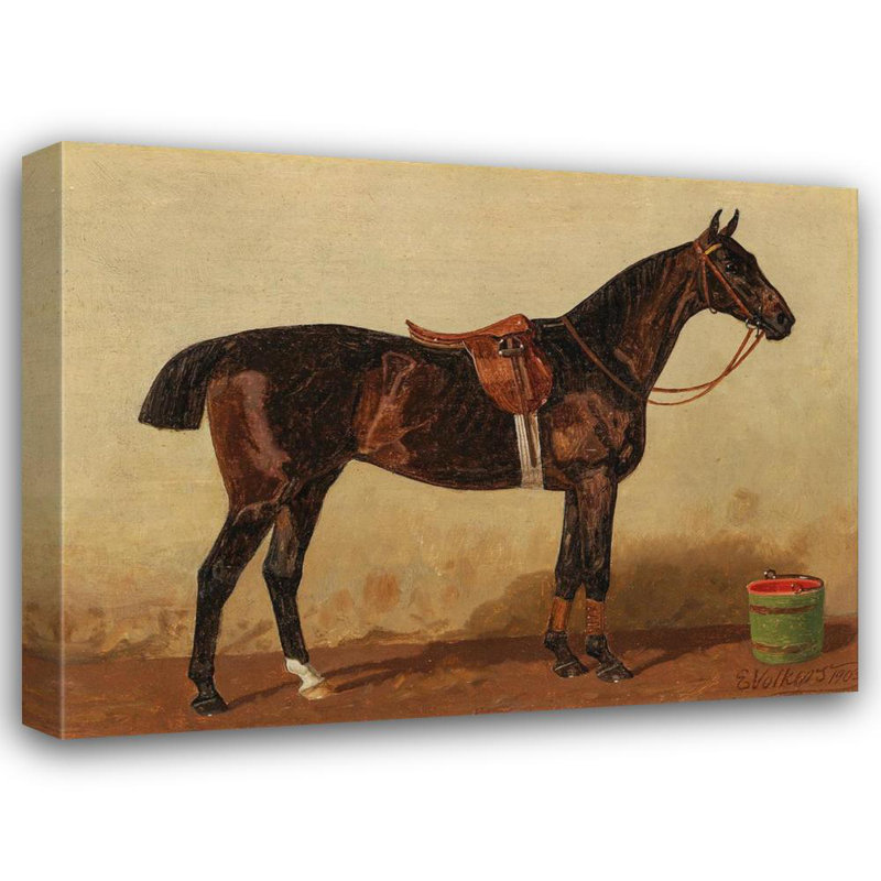 «A Saddled Bay Horse in a Stable» par Emil Volkers - Art mural sur toile tendue avec châssis, H 28 po x l 40 po