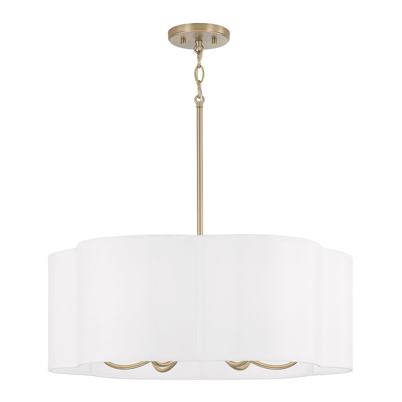 Matte Brass 6-Light Pendant with White Fabric Drum Shade