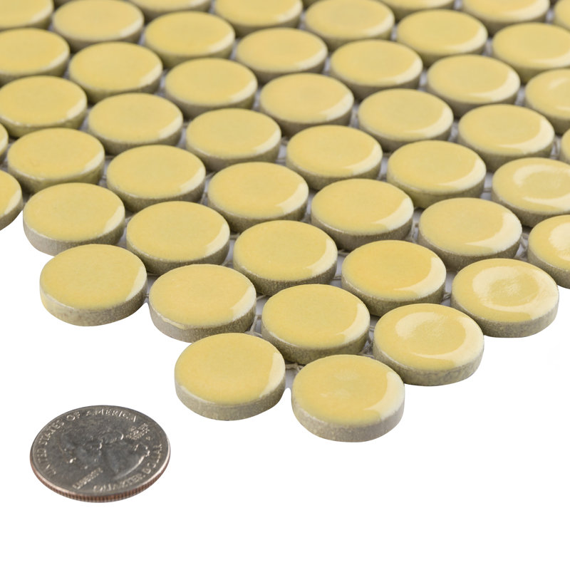 Hudson Penny Round 11-7/8 " x 12-5/8 " Porcelain Mosaic Floor & Wall Tile, Vintage Yellow