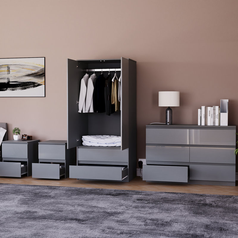 Taniesha 4 Piece Bedroom Set (2 Drawer Bedside Chest X2, 6 Drawer Chest, 2 Door 2 Drawer Wardrobe), (100% FSC), Grey
