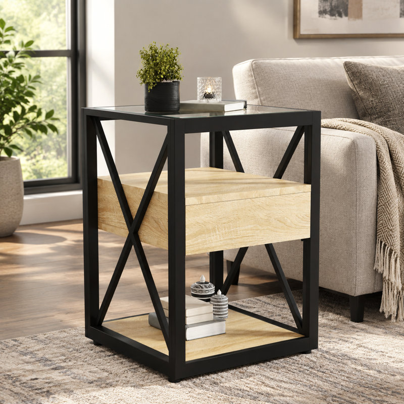 Table d'appoint moderne avec tiroir et plateau en verre trempé