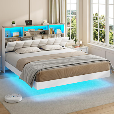 Upholstered Floating Bed Frame with Storage Bookcase Headboard Wood LED Metal Platform Bed with Charging Station