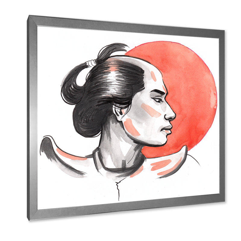 Samurai Warrior And Red Sun - reproduction d'art moderne sur toile Mid-Century, H 30 po x l 30 po x P 1 po