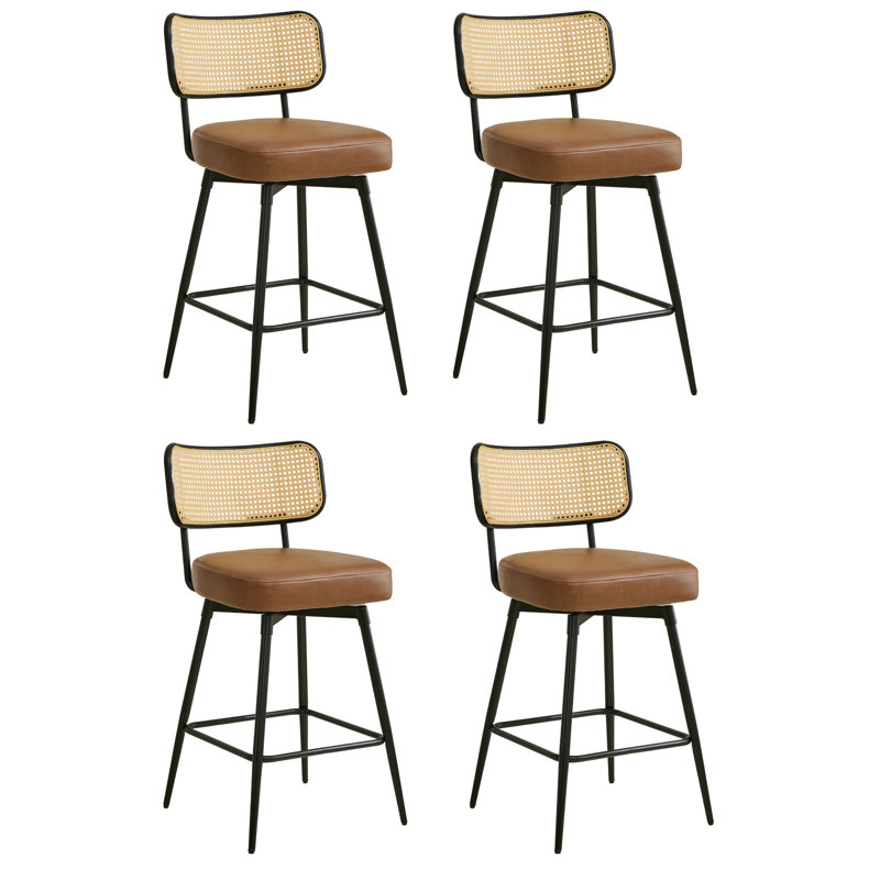 Swivel Upholstered Counter Stools With Rattan Back, Brown, 4