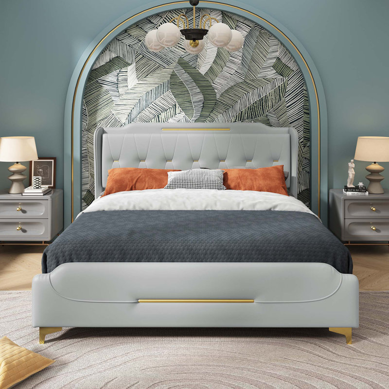 Queen Size PU Leather Platform Bed with Wingback Headboard - No Box Spring Needed, Heavy Duty Bed Frame for Bedroom, Grey