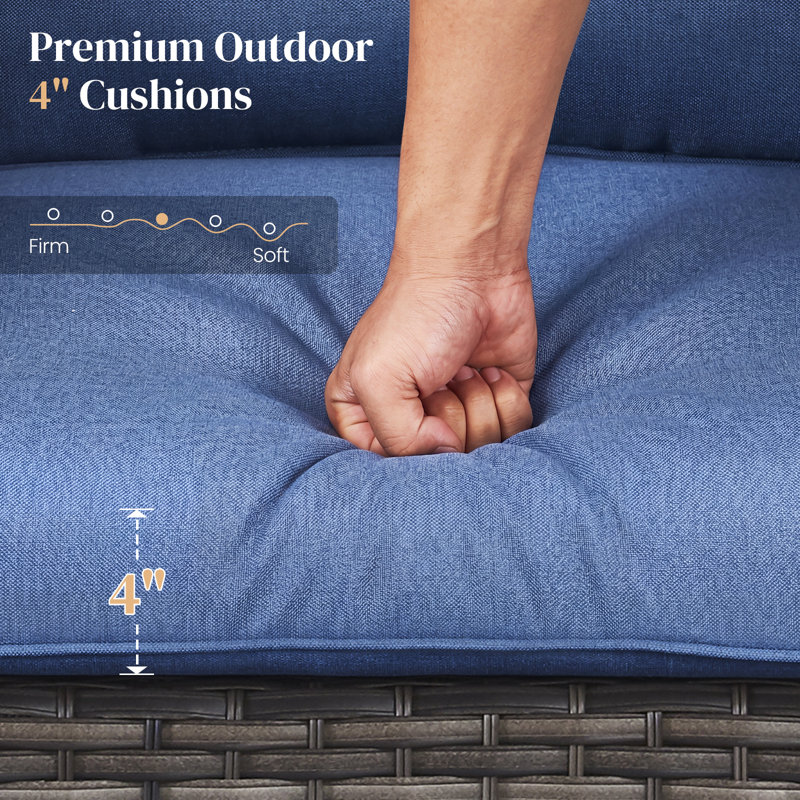 Chaise d'extérieur en osier / rotin avec coussins Lucama, Bleu, Brown
